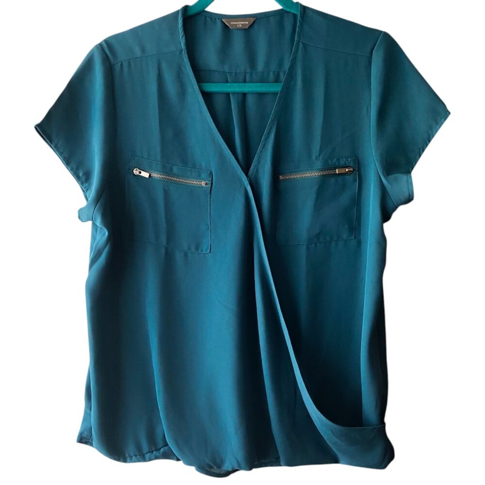 Denver Hayes Women's Crossover Short Sleeve Blouse with Zip Pockets Size Large
